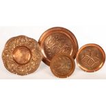 Keswick School of Industrial Arts, a copper charger embossed flowers, stamped, 28.