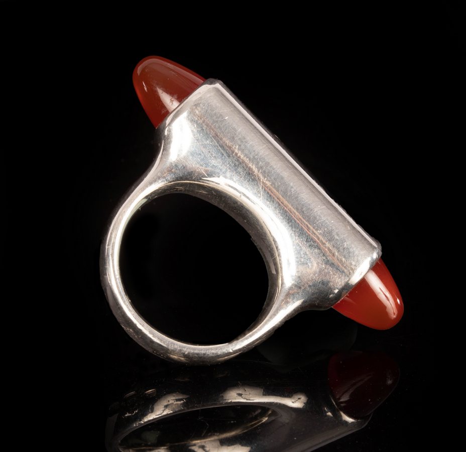 Vladimir Peter for Wladis, a silver barrel shaped ring with carnelian cabochons,