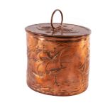 Newlyn, an oval copper biscuit barrel embossed three galleons, the lid decorated embossed shells,