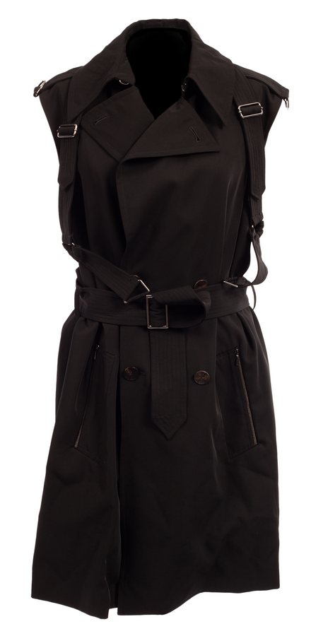 A Gaultier2 black sleeveless double breasted trench style jacket with bondage straps and belts,