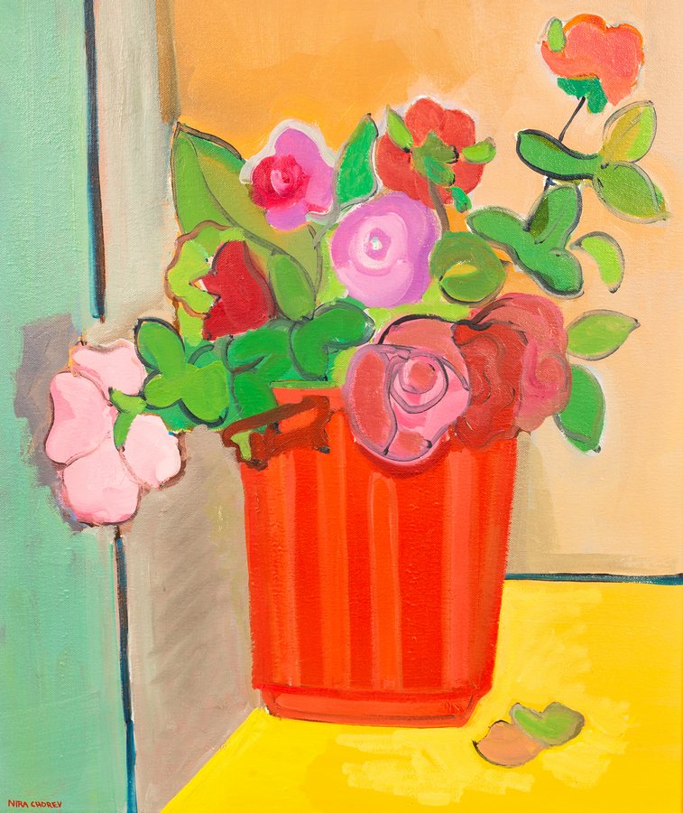 Nira Chorev (born 1952)/Red Vase with Roses/signed/oil on canvas,