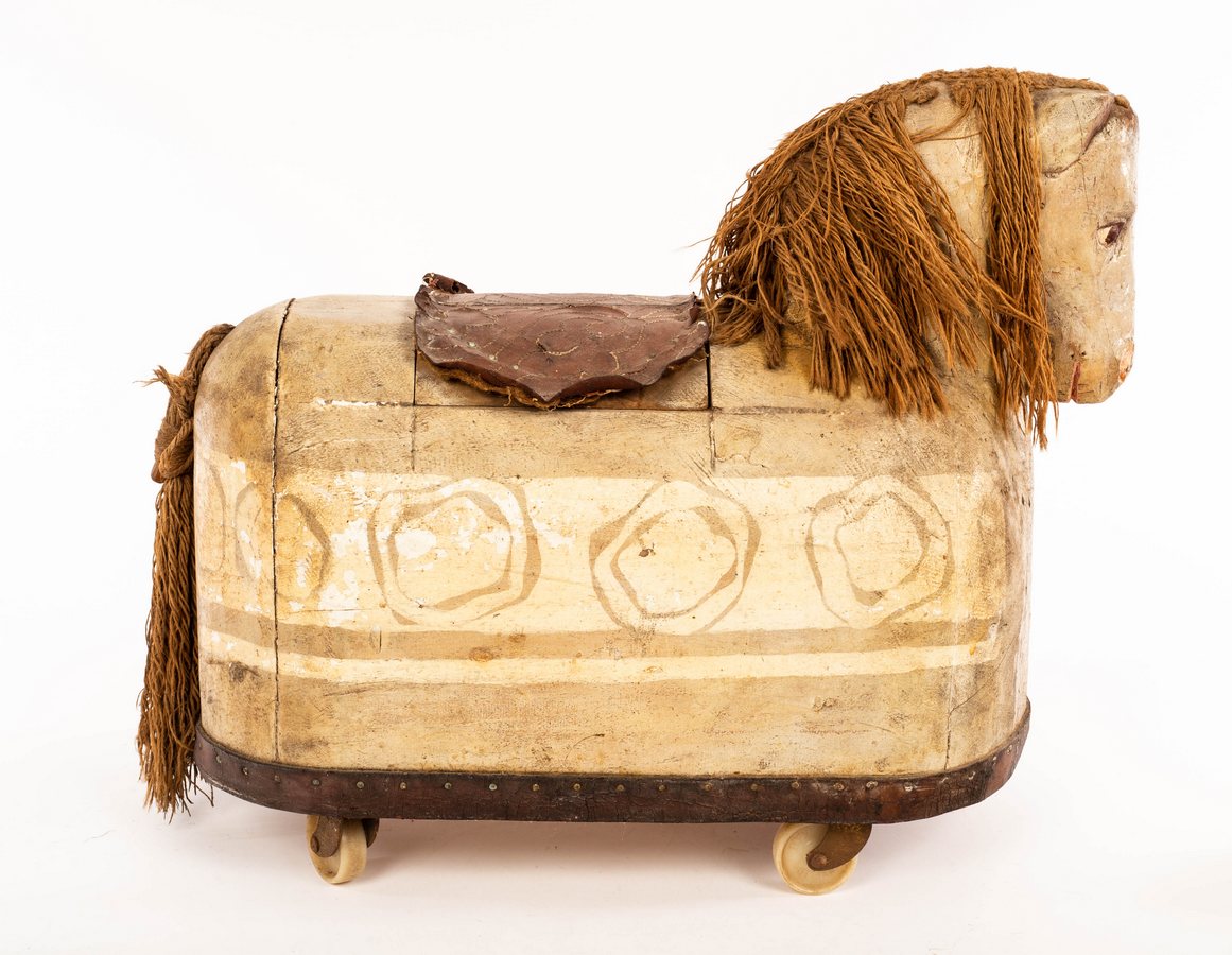 A 20th Century ride-on toy horse, possibly Scandinavian, with carved head and painted sides, - Image 2 of 2