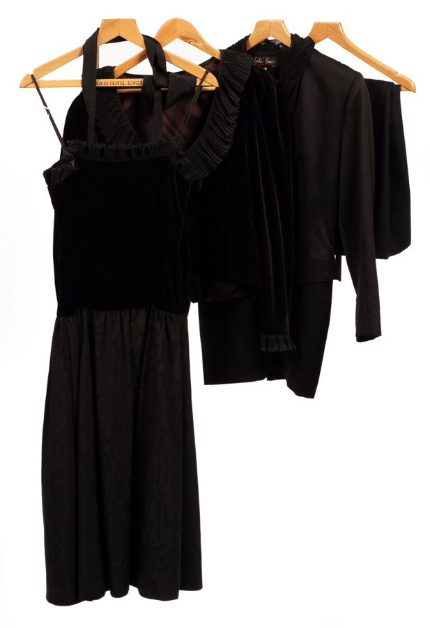 A Gina Fratini black evening dress and jacket, the dress with velvet bodice and a taffeta skirt,