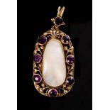 An Arts & Crafts amethyst and blister pearl pendant, within a gold scroll border,