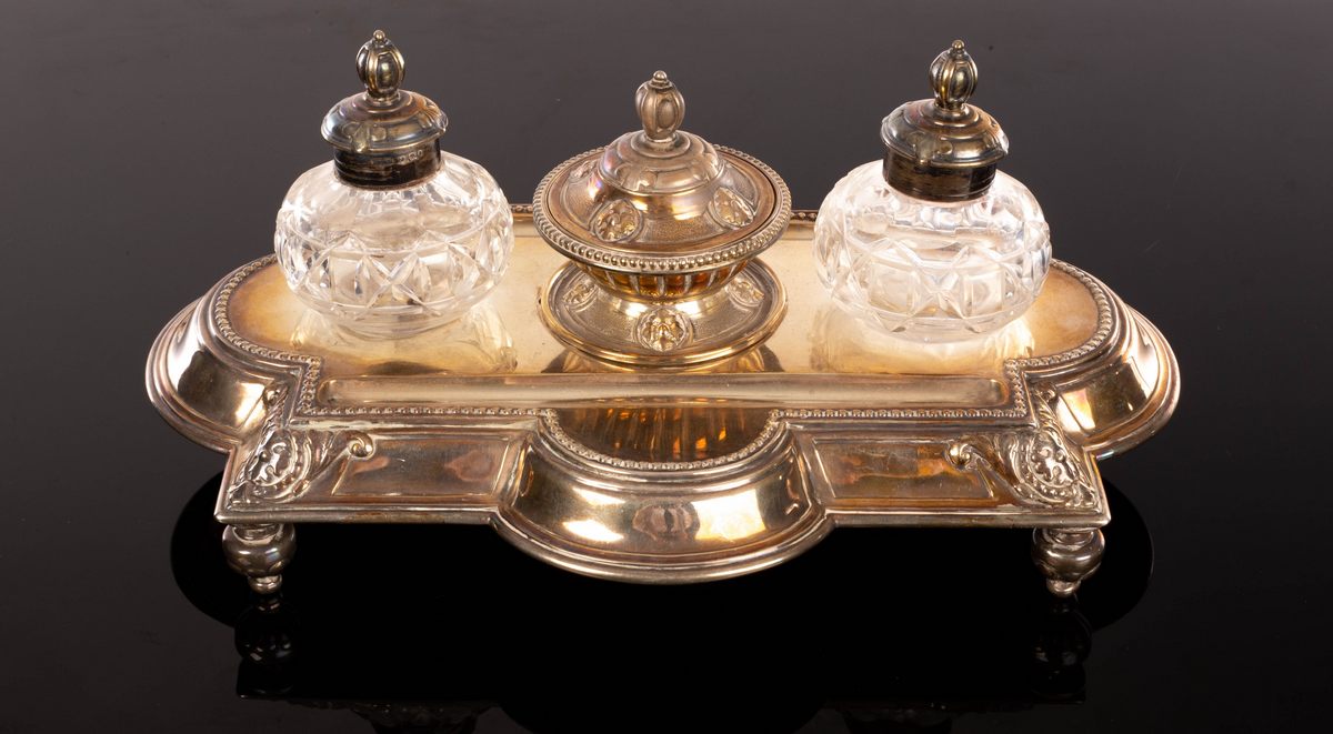 A Victorian silver inkstand and pen tray, James Davis & Son, Sheffield 1894,