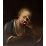 Dutch School, 18th Century/Woman Peering Through Her Fingers/oil on panel, 17.