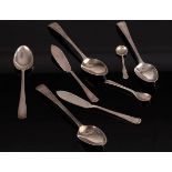 Three George III bright cut silver teaspoons, GB, London 1792, another bright cut teaspoon etc.