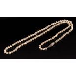 A single row pearl necklace, the graduated row of pearls to an oval diamond set clasp,