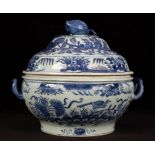 A Chinese blue and white two-handled porcelain tureen, 19th Century, decorated birds,