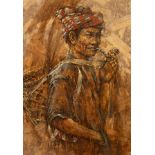 20th Century/Nepalese Man with Pipe and Basket/signed indistinctly lower right/mixed media on board,