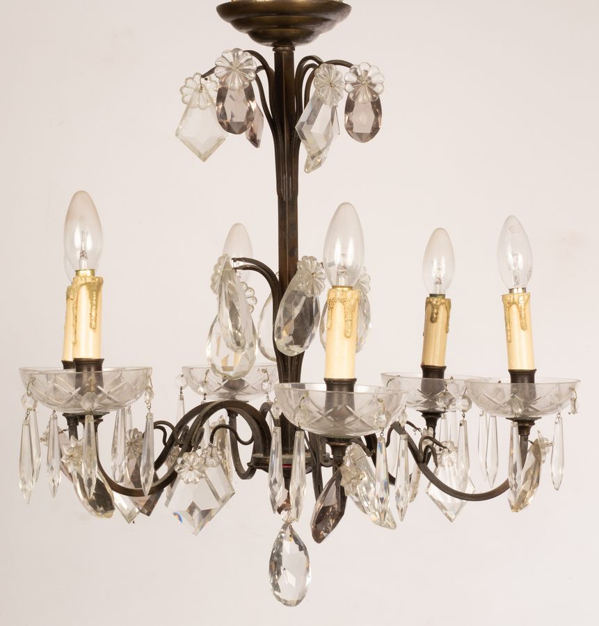 A pair of cut glass three-light chandeliers with spiral branches hung trails of prismatic drops and - Image 4 of 4