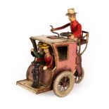 A Lehmann Lila Hansom cab with driver, two passengers and a dog,