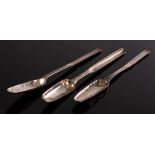 Three Georgian silver marrow scoops, one with Britannia marks for London 1720, one SH,