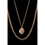 A 9ct yellow gold necklace hung with a 9ct gold locket and a 9ct yellow gold fancy link chain,