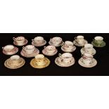A collection of six pink lustre cups and saucers, two trios and three single cups, 19th Century,