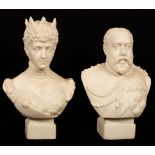 Two Robinson & Leadbeater small Parian busts of Edward VII and Alexandra,