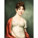 After Reynolds/Portrait Miniature of a Seated Lady/wearing a white dress and red shawl/oil on ivory,