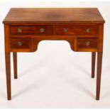 A 19th Century mahogany kneehole table, fitted four drawers on tapering legs, 86.