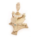 A Royal Worcester biscuit porcelain inkwell with owl finial to the cover, 18.