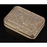 A George III silver snuff box, IA 1811, the hinged cover embossed a hunting scene,