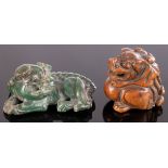 A Japanese carved green jade recumbent Fu dog and pup, 18th Century,