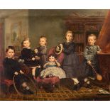 English School, late 19th Century/Family Group/oil over photograph on canvas,