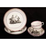 Two pairs of bat-printed bute-shape teacups and saucers decorated with children at play within pink