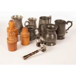A pair of opera glasses, three treen bottle boxes, various pewter tankards etc.