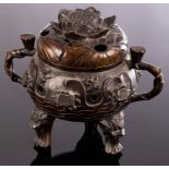 A Chinese bronze censer, with embossed water lilies and frogs in water around the body,