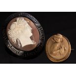 A large oval shell cameo brooch depicting a Classical lady in profile,