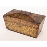 A Regency rosewood sarcophagus-shaped tea caddy, inlaid brass foliate decoration,