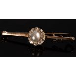 A pearl and diamond bar brooch, by Cropp & Farr, the central cluster to a 9ct gold bar, 4.