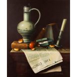 W M Steiner/Still Life/newspaper and stoneware jug on a mantelpiece/oil on canvas,