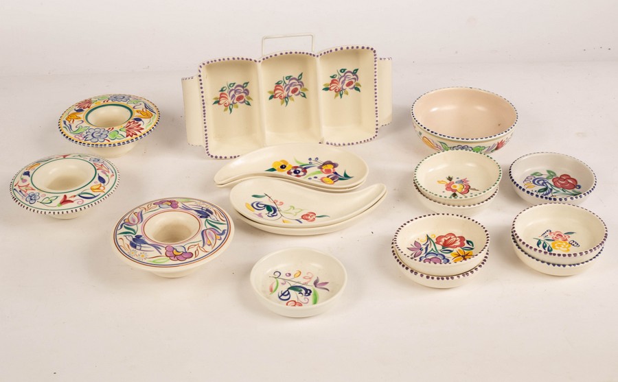Poole Pottery, a floral three-section hors d'oeuvres dish, 25.