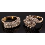 Two diamond dress rings, circa 1980, one set with two rows of diamonds to an 18ct yellow gold shank,