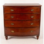 A 19th Century mahogany bowfront chest of four drawers, with turned feet, 108.