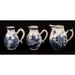 Three Chinese blue and white sparrow beak jugs, Qing dynasty, decorated figures in landscapes,