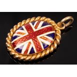 An oval enamel Union flag pendant within a gold rope border and bail, the back a hair set panel,