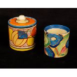 A Clarice Cliff Fantasque honey pot and cover and a Bizarre pot (no cover) CONDITION