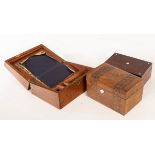 A fitted leather writing case, 25.5cm wide, a mahogany brass bound work box, 29.