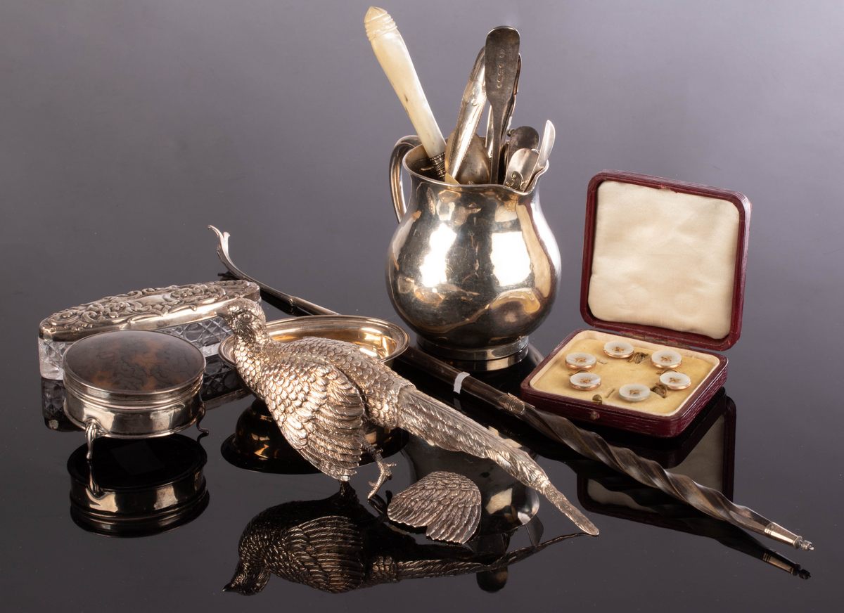 A silver table pheasant, import marks for London, 18.