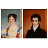 Charles Foot Tayler/Portrait Miniature of a Lady and Gentleman/she wearing a white dress and