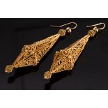 A pair of gold filigree ear pendants of torpedo shape, 7cm long including hooks, approximately 14.