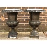 A pair of black painted cast iron campana urns,
