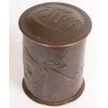 Newlyn, a lined copper cylindrical pot, the cover embossed tea, the sides decorated stylised fish,