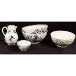 Two Worcester blue and white slop bowls decorated with fence and three flower patterns,