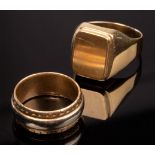 A bi-colour 14k gold ring, size Q, and a 14k gold signet type ring, size Y approximately 22.