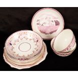 A group of pink lustre decorated teawares comprising six plates,
