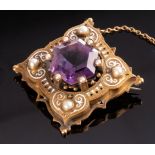 A Victorian amethyst, pearl and white enamelled brooch,