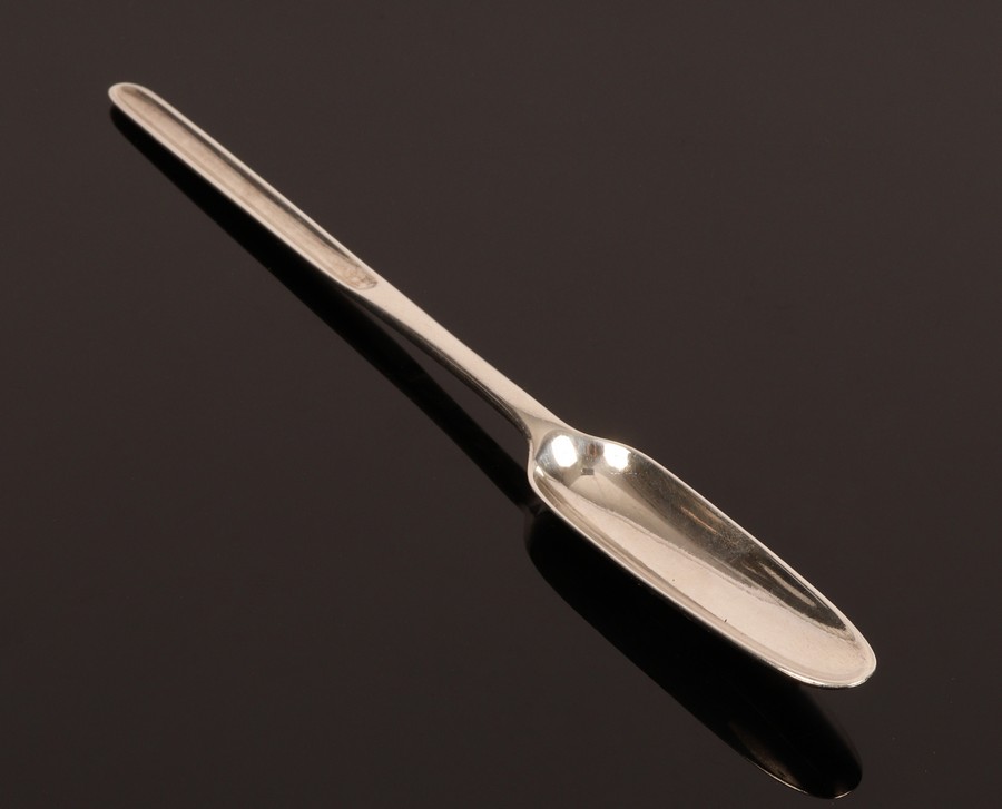 A George II silver marrow scoop, Ebenezer Coker, London 1755, 21cm long,